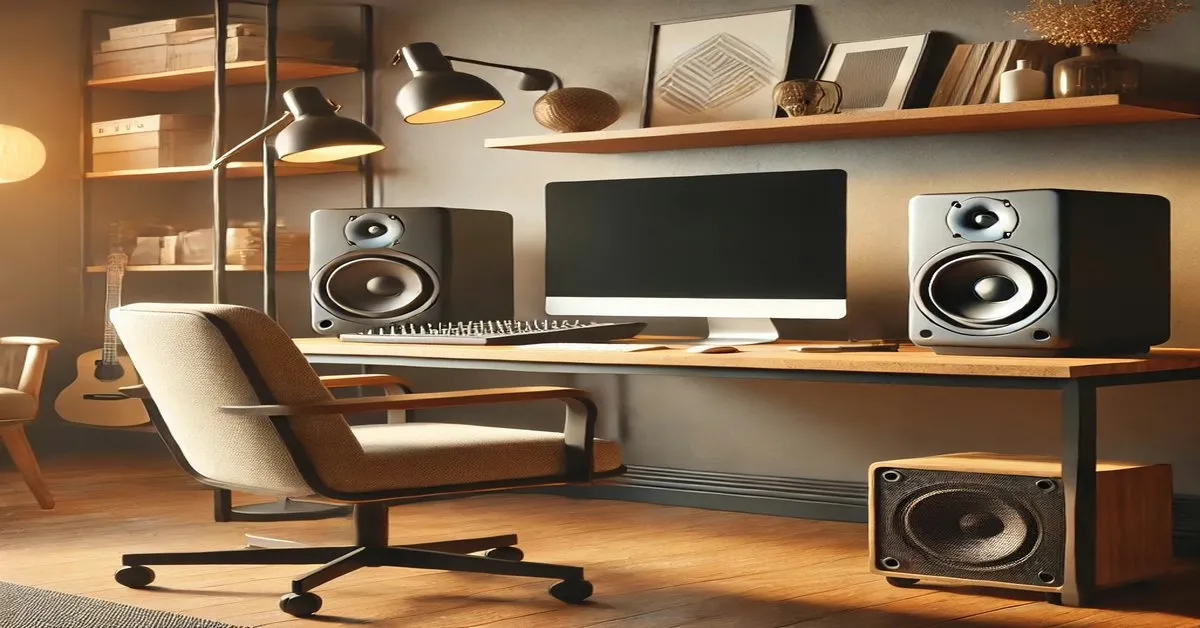 AI image with a cozy desk and studio monitors